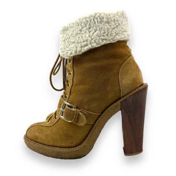 MICHAEL KORS tan suede sherpa heeled platform boots - Picture 2 of 14